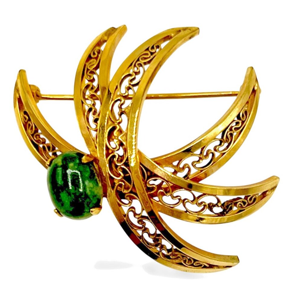 POLCINI Brooch Pin Signed 12K GF Gold Plated Jade Green Stone Filigree Vintage